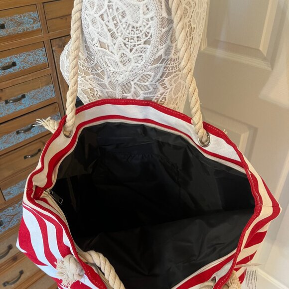 Striped Tote Bag - Beachy - Boat Day - Red/White - Rope Handles - XL- NWT - Picture 4 of 7
